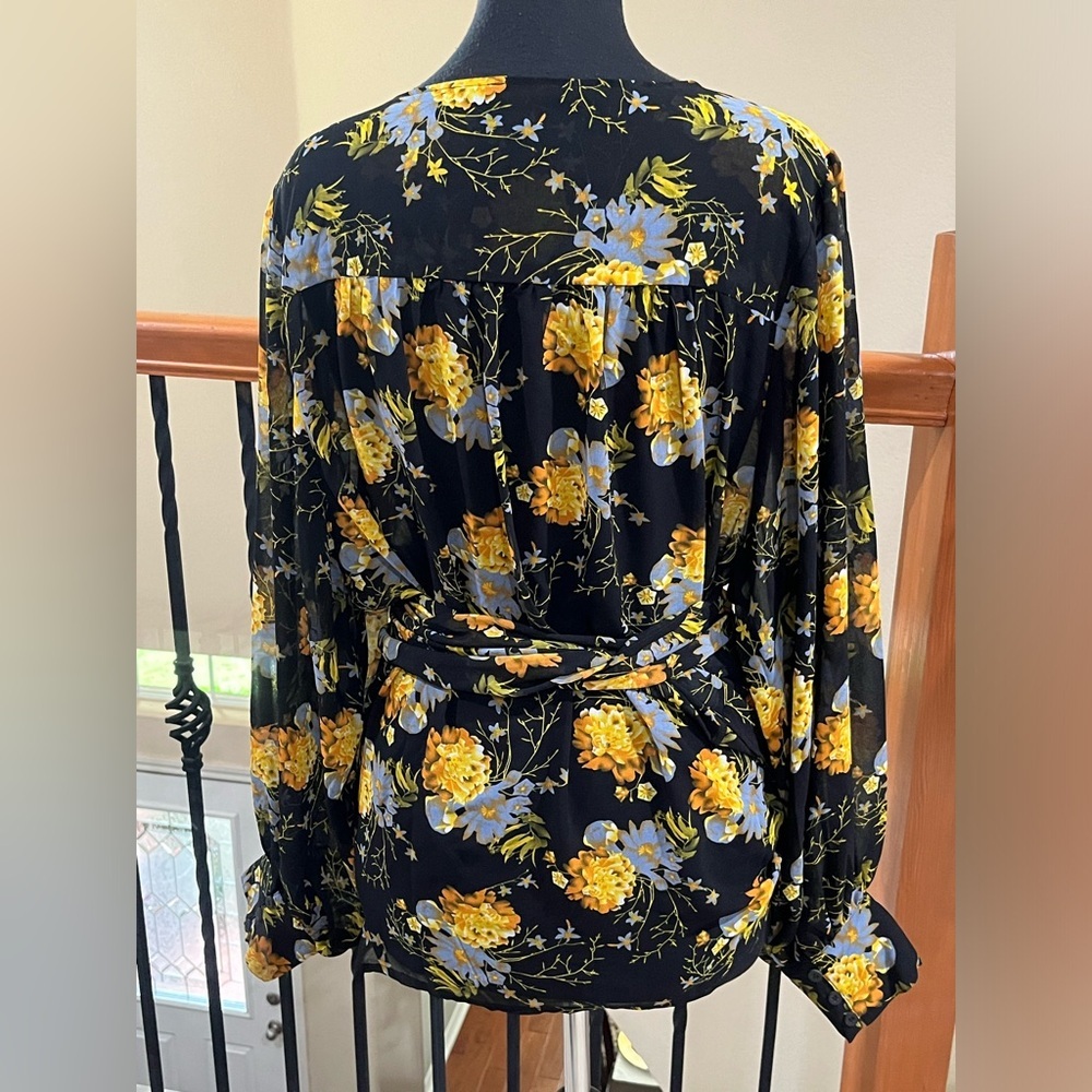 Black Floral Wrap Blouse with Yellow & Light Blue Flowers BY DAVID BITTON SZ XL